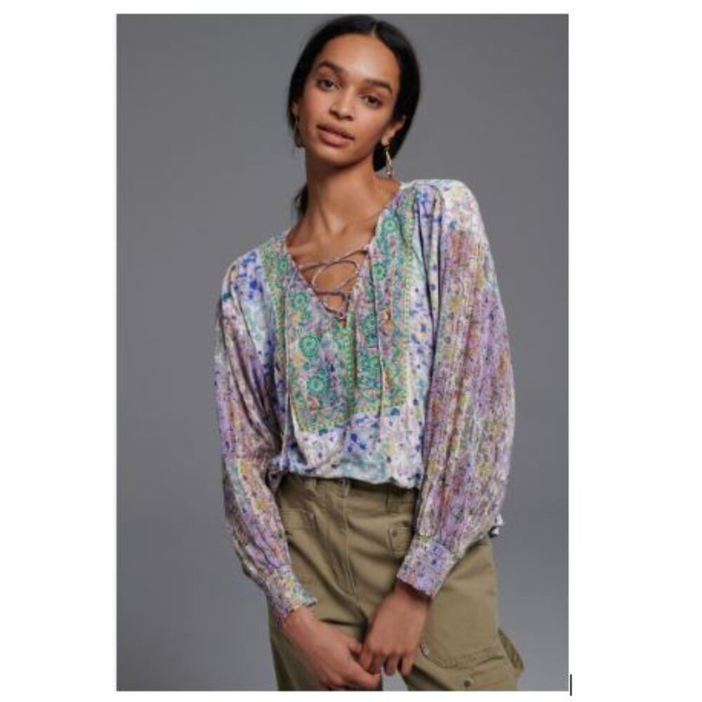Anthropologie Lavender Multicolor Lace-Up Peasant Blouse